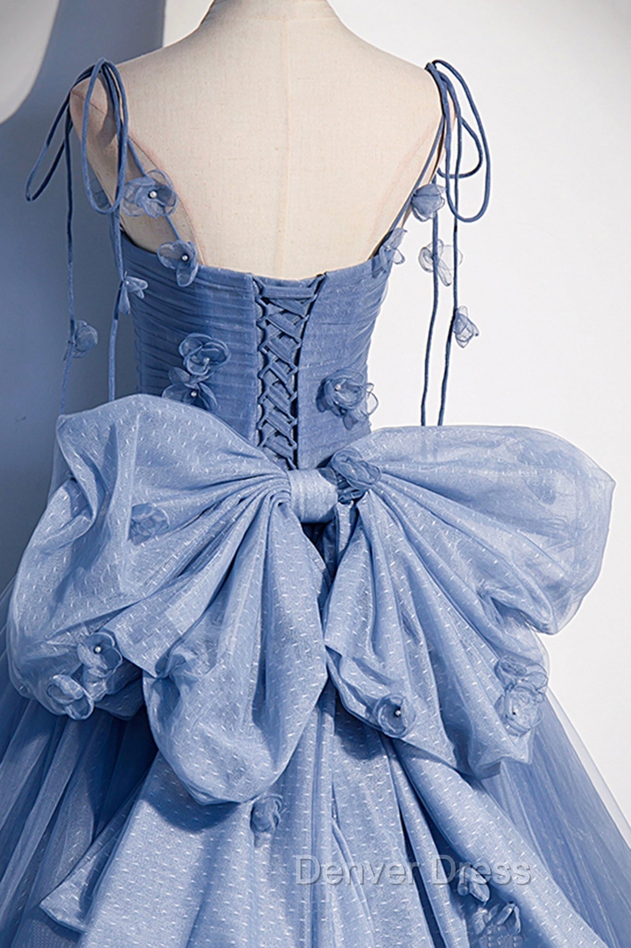 Blue Tulle Long A Line Prom Dress, Blue Spaghetti Straps Prom Dresses with Bow