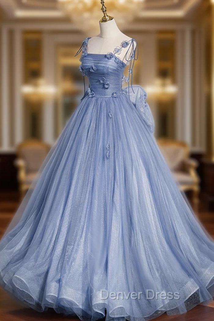 Blue Tulle Long A-Line Prom Dresses, Blue Spaghetti Straps Party Dresses with Bow Main image