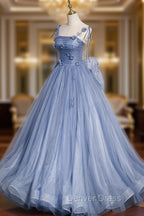 Blue Tulle Long A-Line Prom Dresses, Blue Spaghetti Straps Party Dresses with Bow