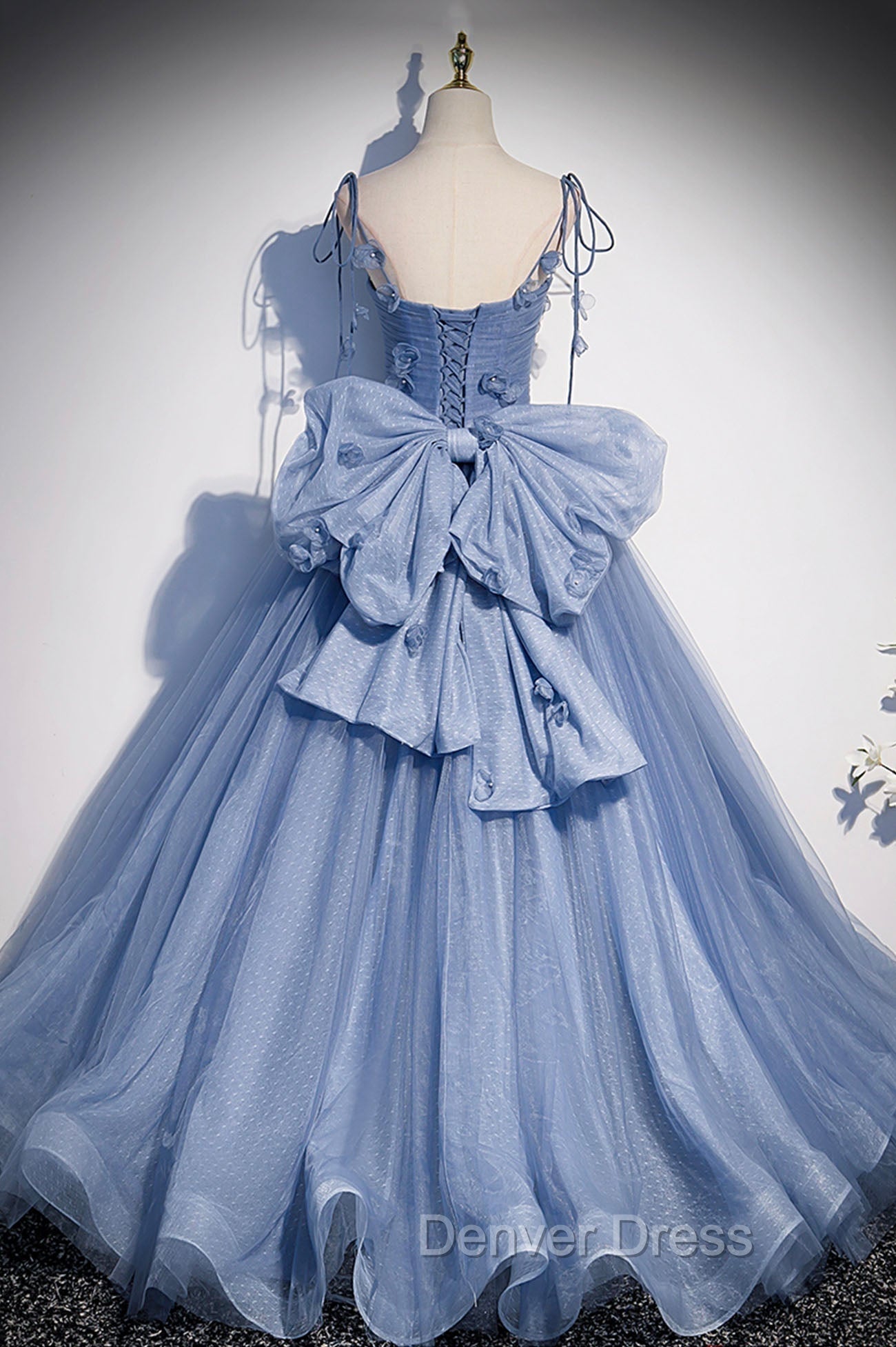 Blue Tulle Long A Line Prom Dress, Blue Spaghetti Straps Prom Dresses with Bow