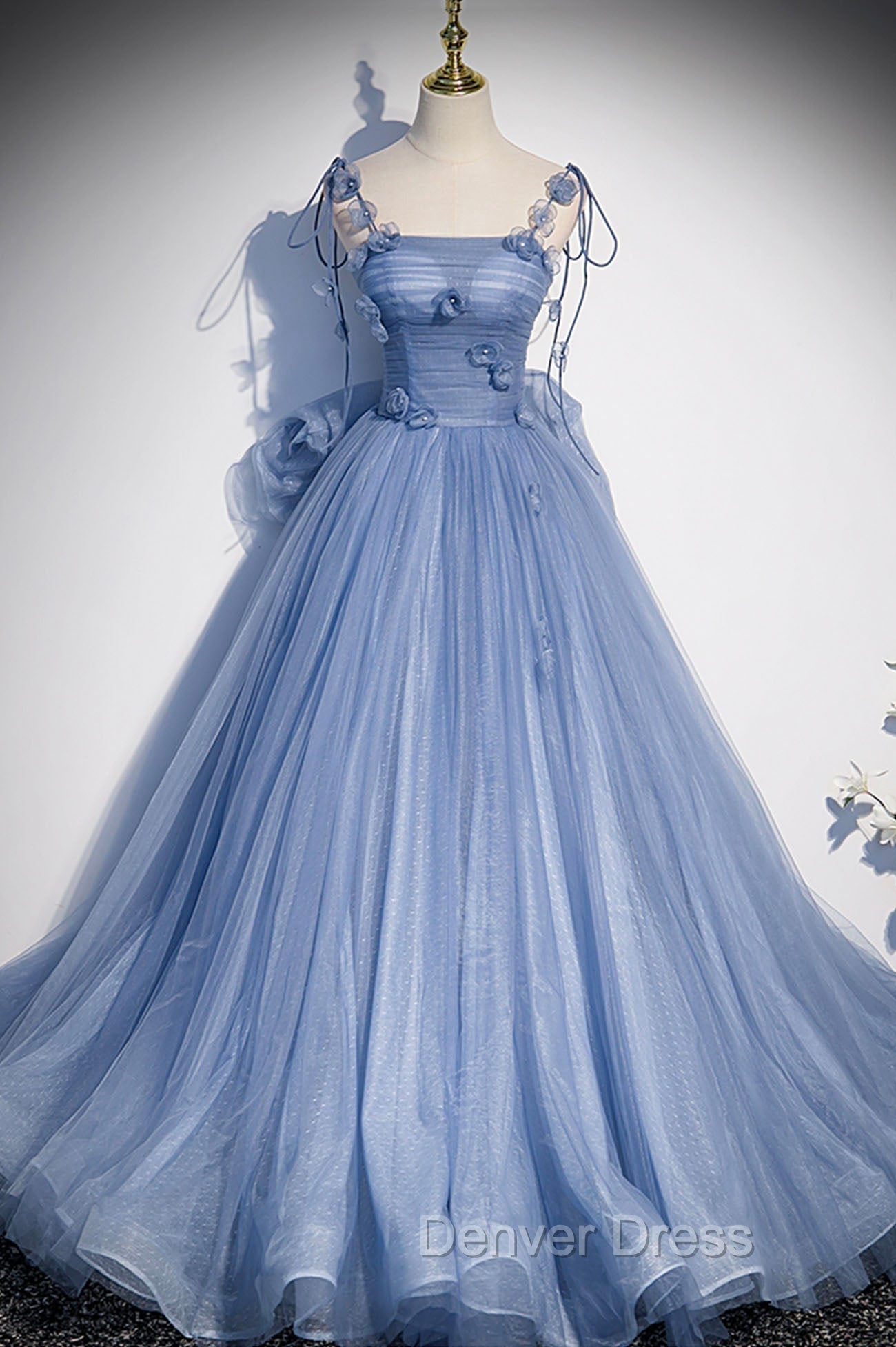 Blue Tulle Long A Line Prom Dress, Blue Spaghetti Straps Prom Dresses with Bow