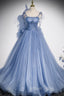 Blue Tulle Long A Line Prom Dress, Blue Spaghetti Straps Prom Dresses with Bow