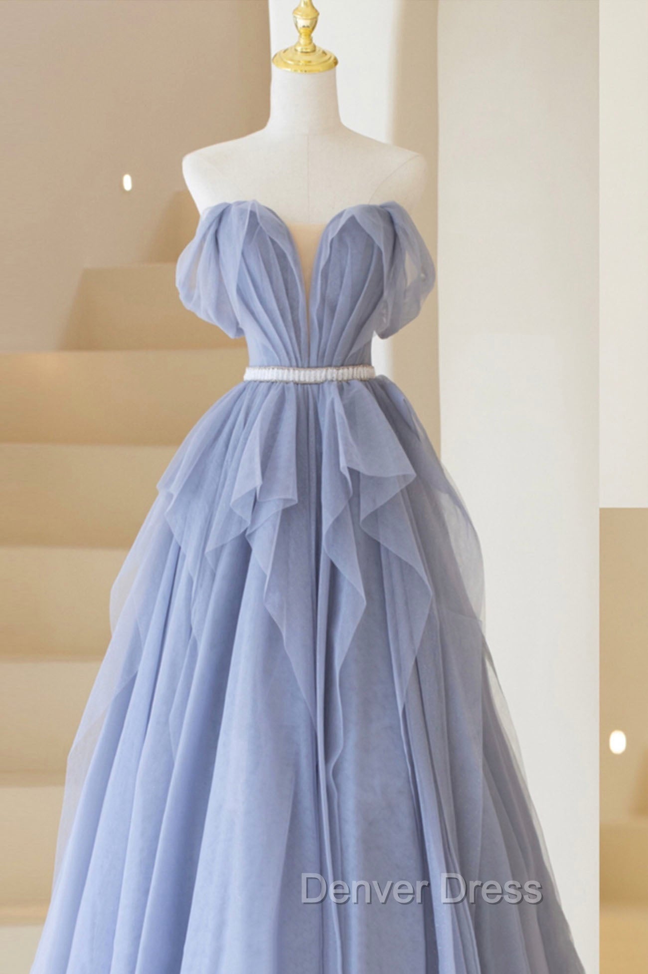 Blue Tulle Long A-Line Prom Dresses, Cute Strapless Graduation Dresses Secondary image