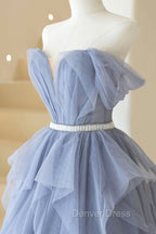 Blue Tulle Long A-Line Prom Dresses, Cute Strapless Graduation Dresses