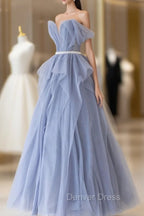 Blue Tulle Long A-Line Prom Dresses, Cute Strapless Graduation Dresses