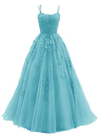 Blue Tulle Long A Line Prom Dress Lace Prom Dresses