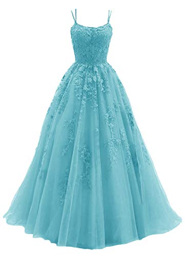 Blue Tulle Long A Line Prom Dress Lace Prom Dresses