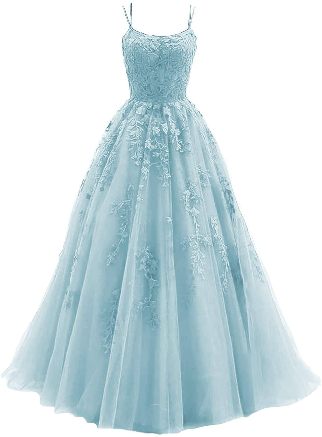 Blue Tulle Long A Line Prom Dress Lace Prom Dresses