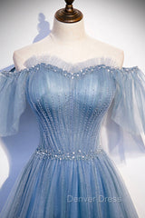 Blue Tulle Long A-Line Prom Dresses, Off the Shoulder Evening Party Dresses