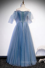 Blue Tulle Long A-Line Prom Dresses, Off the Shoulder Evening Party Dresses
