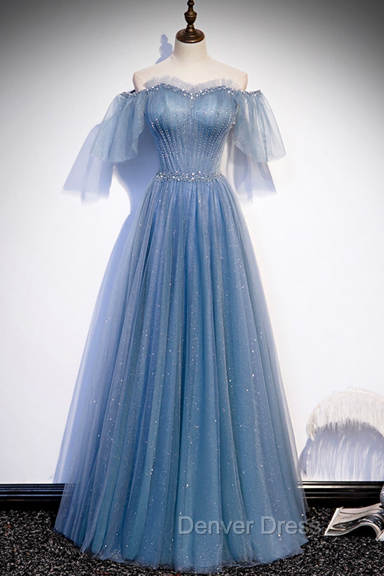 Blue Tulle Long A Line Prom Dress, Off the Shoulder Prom Dresses