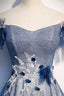 Blue Tulle Long A-Line Prom Dresses, Off the Shoulder Evening Party Dresses