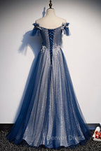 Blue Tulle Long A-Line Prom Dresses, Off the Shoulder Evening Party Dresses