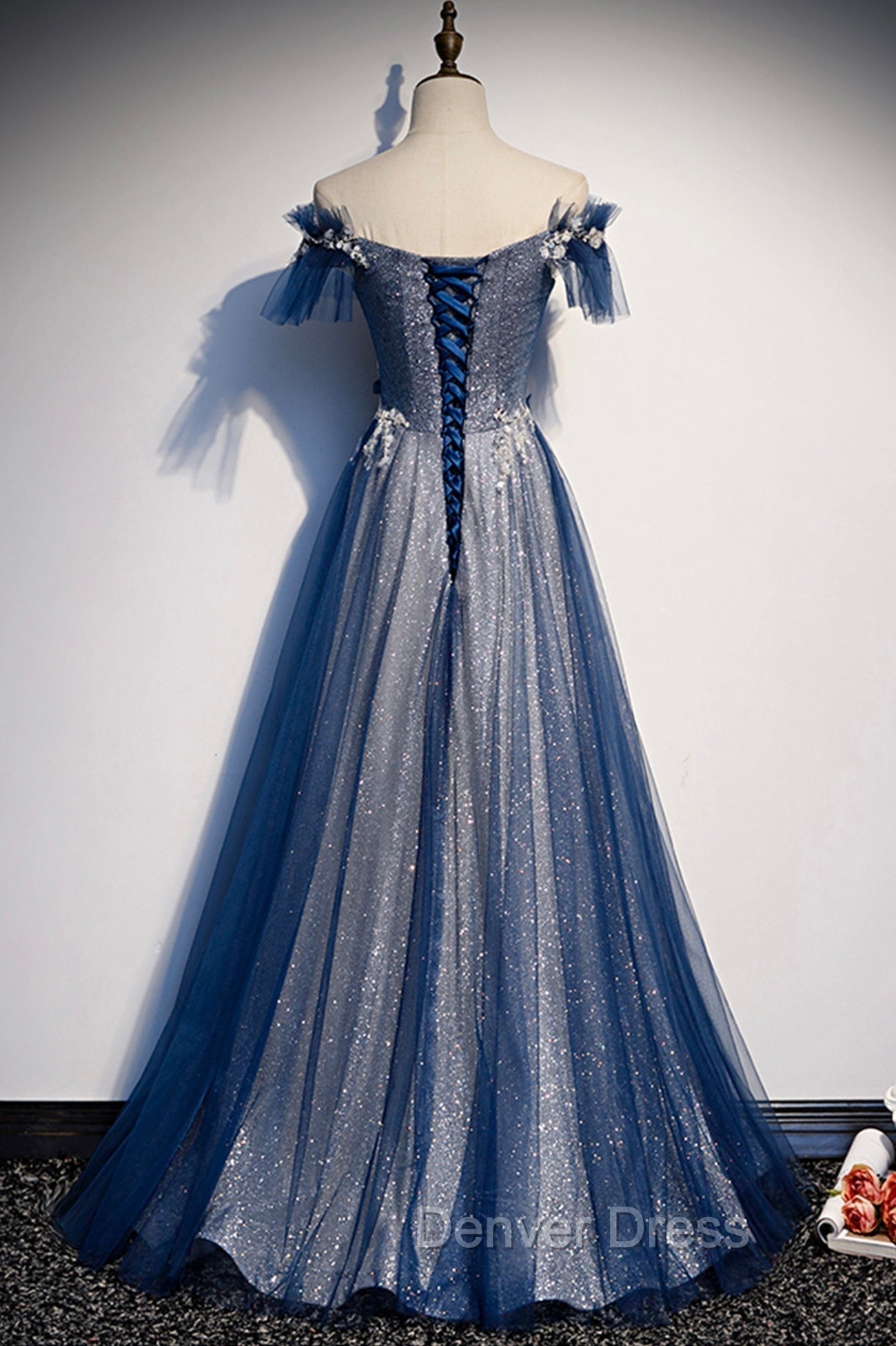 Blue Tulle Long A Line Prom Dress, Off the Shoulder Prom Dresses