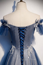 Blue Tulle Long A Line Prom Dress, Off the Shoulder Prom Dresses