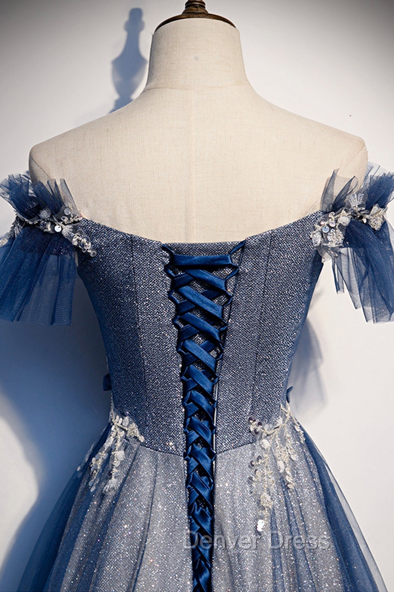 Blue Tulle Long A Line Prom Dress, Off the Shoulder Prom Dresses