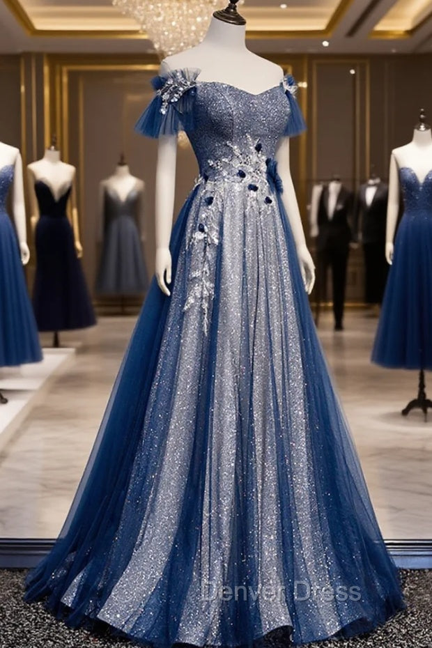 Blue Tulle Long A-Line Prom Dresses, Off the Shoulder Evening Party Dresses