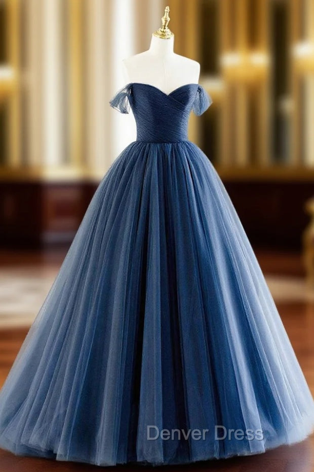 Blue Tulle Long A-Line Prom Dresses, Off the Shoulder Formal Evening Dresses