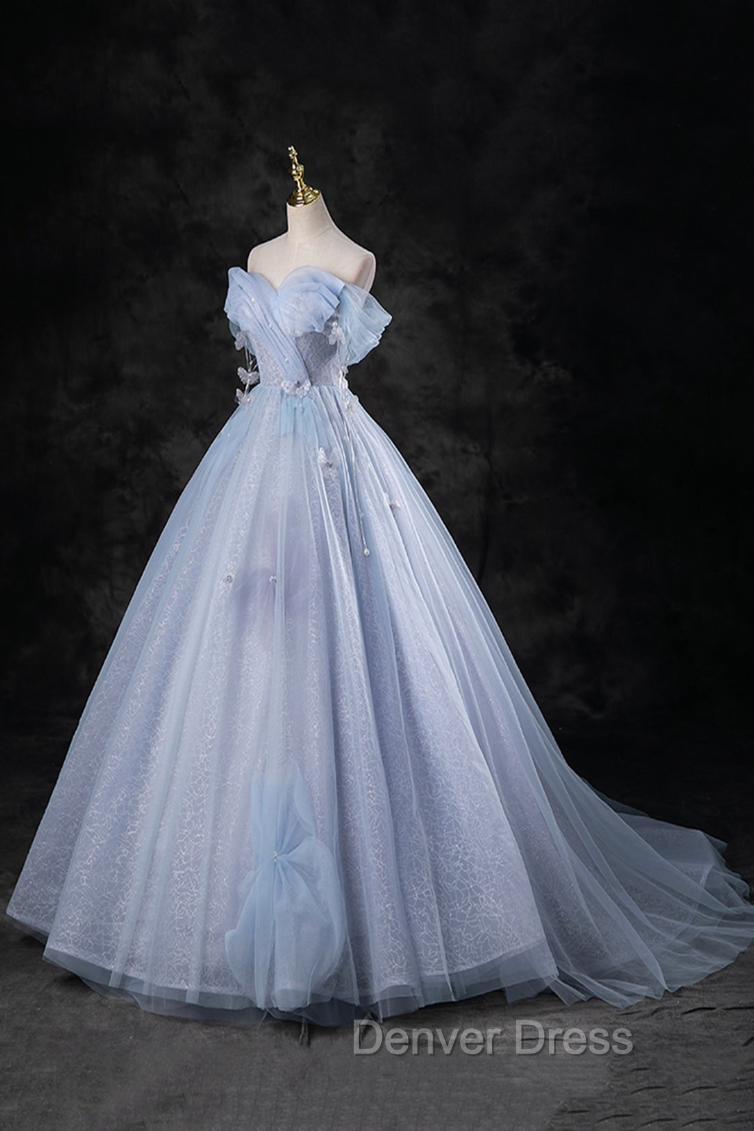 Blue Tulle Long A-Line Prom Dresses Party Dresses, Beautiful Off the Shoulder Blue Evening Dresses Secondary image