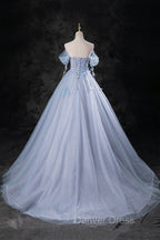 Blue Tulle Long A-Line Prom Dresses Party Dresses, Beautiful Off the Shoulder Blue Evening Dresses