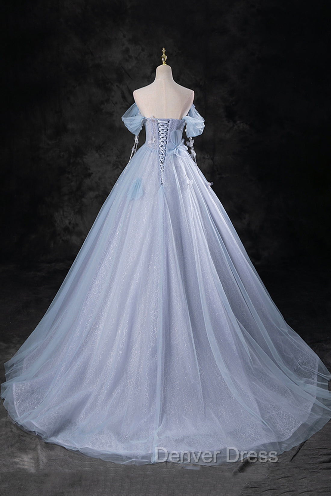 Blue Tulle Long A-Line Prom Dresses Party Dresses, Beautiful Off the Shoulder Blue Evening Dresses