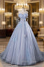 Blue Tulle Long A Line Prom Dress Prom Dress, Beautiful Off the Shoulder Blue Prom Dresses