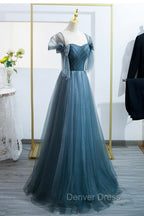 Blue Tulle Long A Line Prom Dress, Simple Sweetheart Neckline Prom Dresses