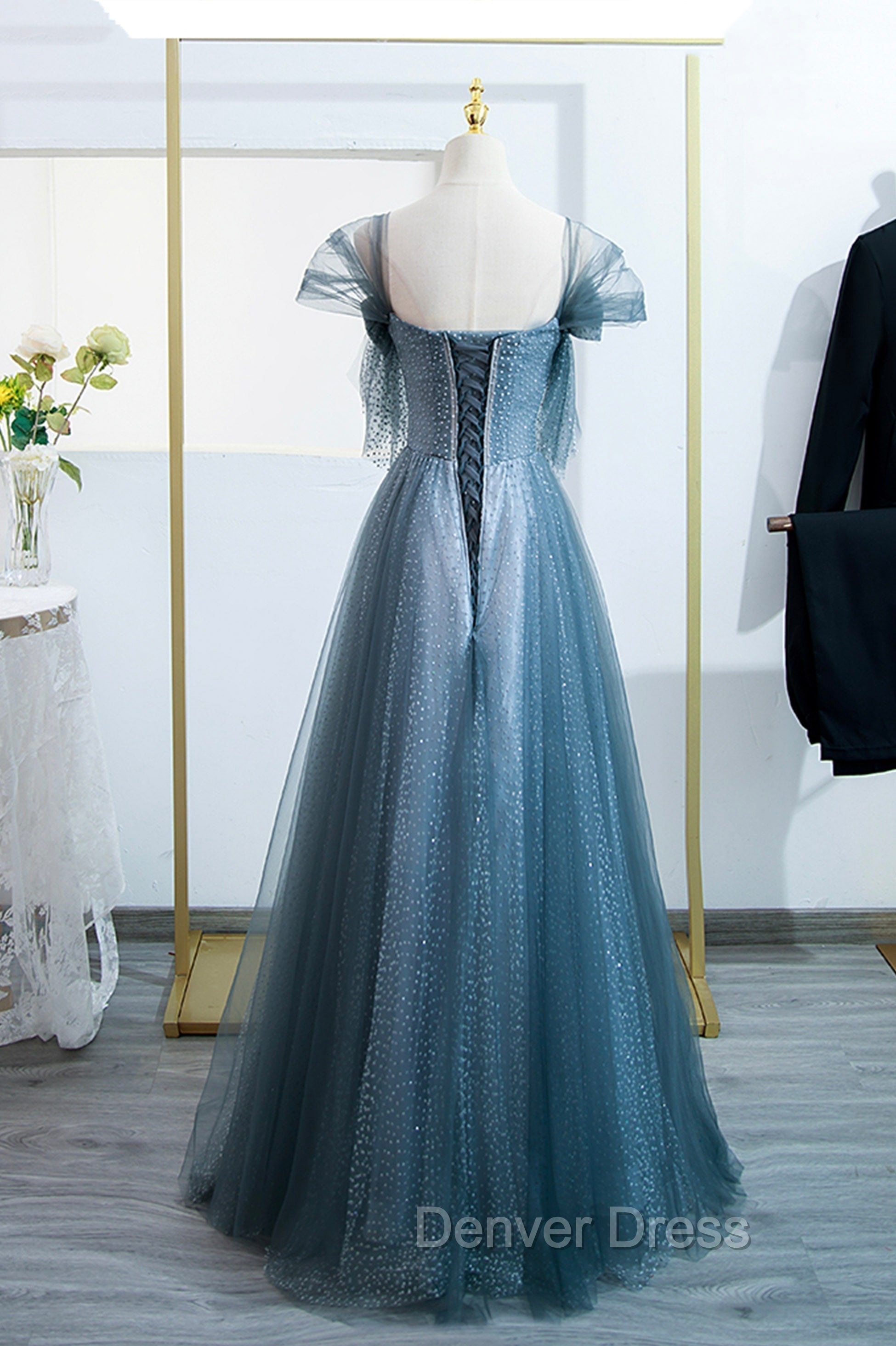 Blue Tulle Long A-Line Prom Dresses, Simple Sweetheart Neckline Evening Party Dresses