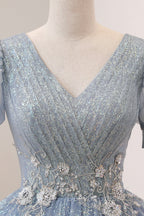 Blue Tulle Long A Line Prom Dress, V Neck Short Sleeve Prom Dresses
