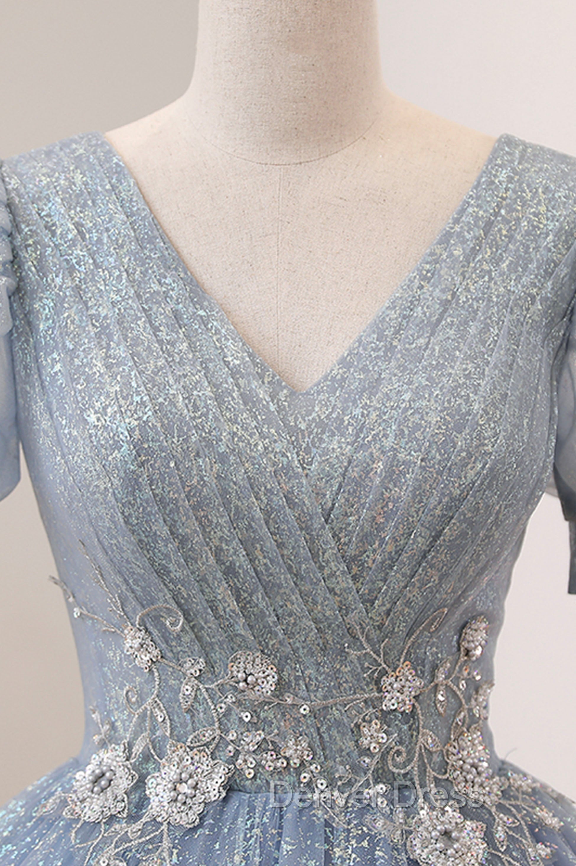 Blue Tulle Long A Line Prom Dress, V Neck Short Sleeve Prom Dresses