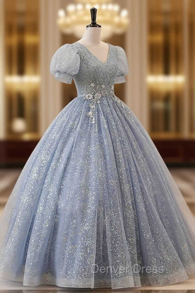 Blue Tulle Long A Line Prom Dress, V Neck Short Sleeve Prom Dresses