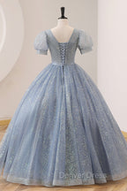 Blue Tulle Long A Line Prom Dress, V Neck Short Sleeve Prom Dresses