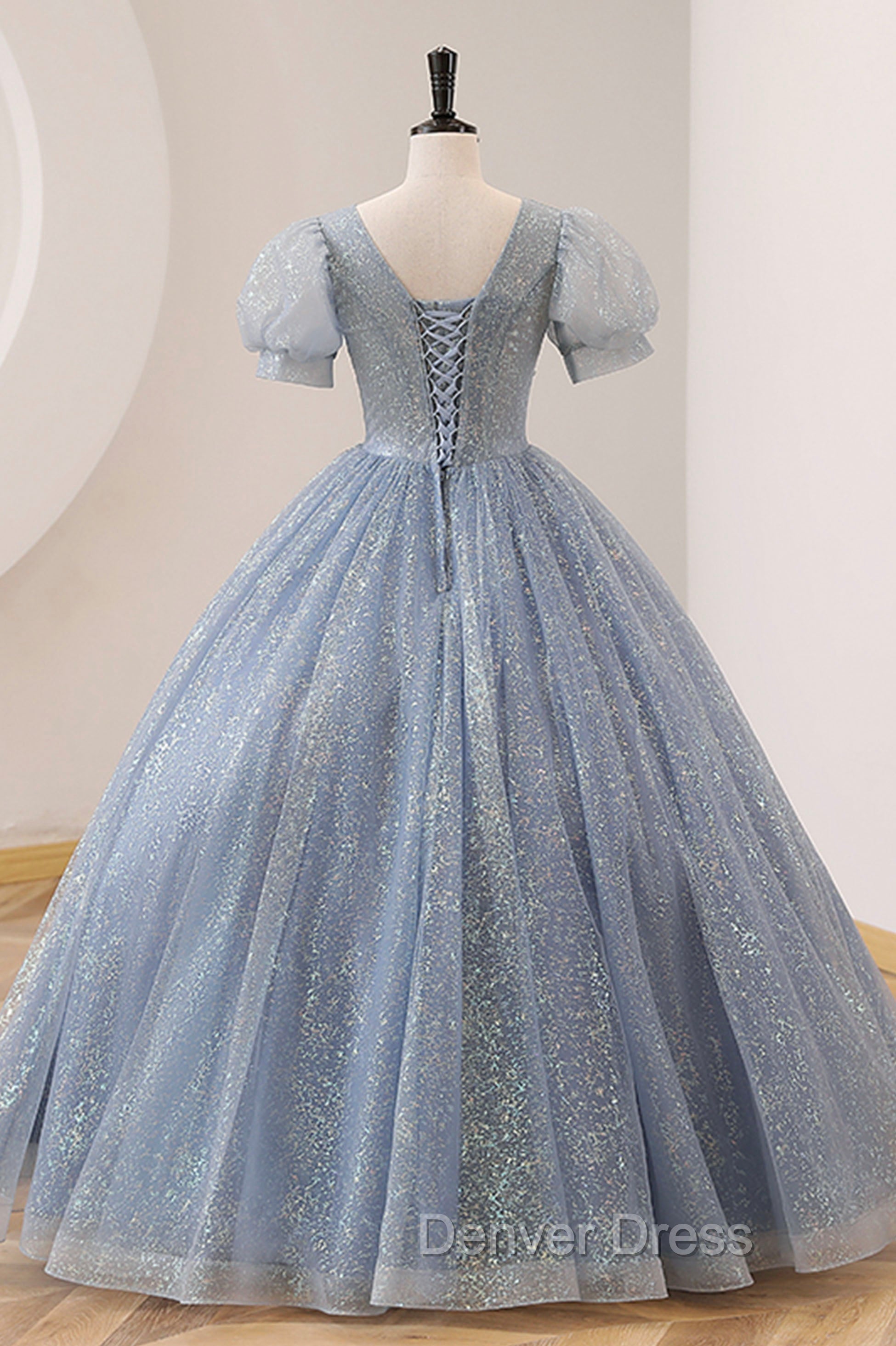 Blue Tulle Long A Line Prom Dress, V Neck Short Sleeve Prom Dresses