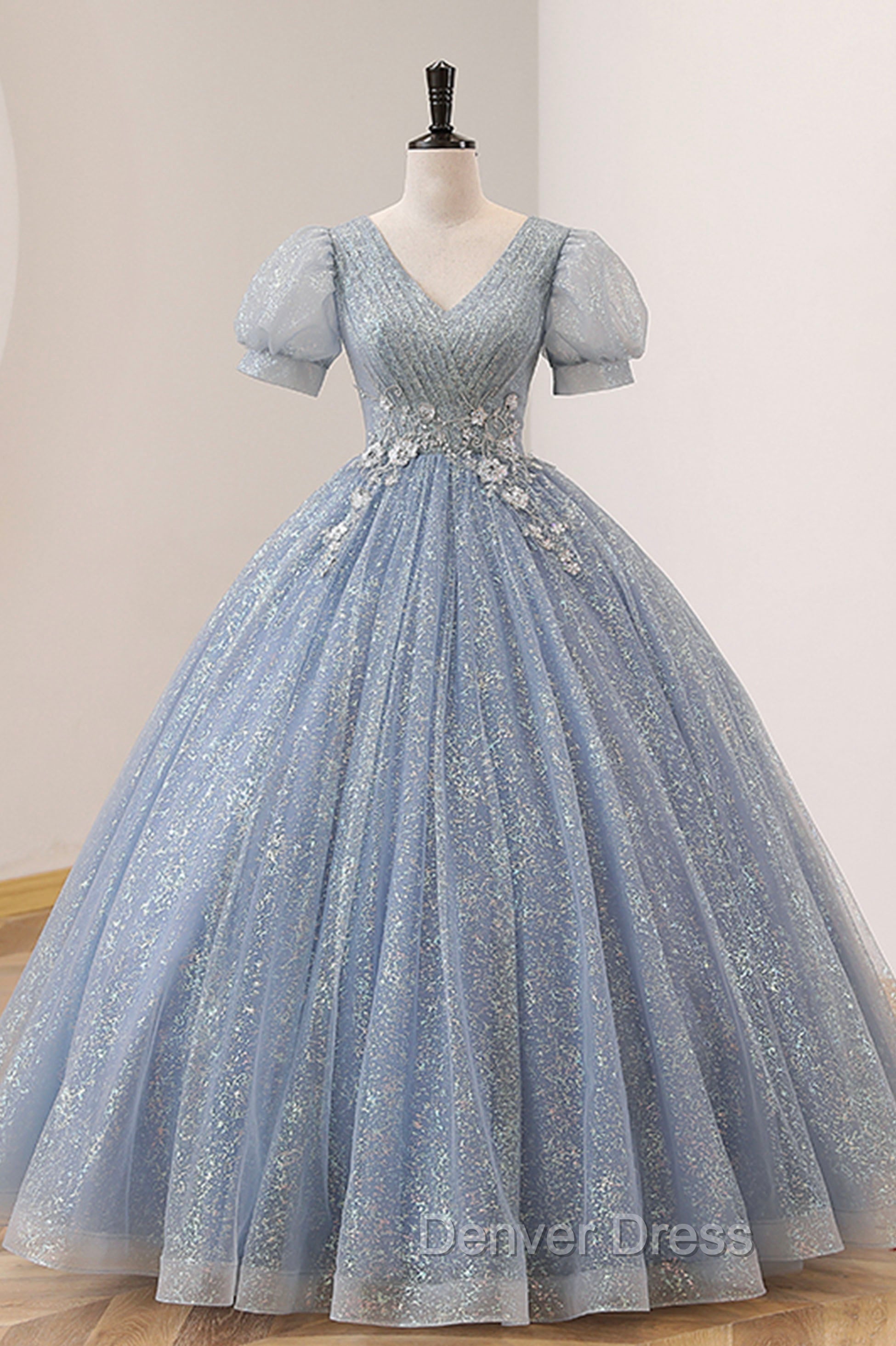 Blue Tulle Long A Line Prom Dress, V Neck Short Sleeve Prom Dresses