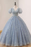 Blue Tulle Long A Line Prom Dress, V Neck Short Sleeve Prom Dresses