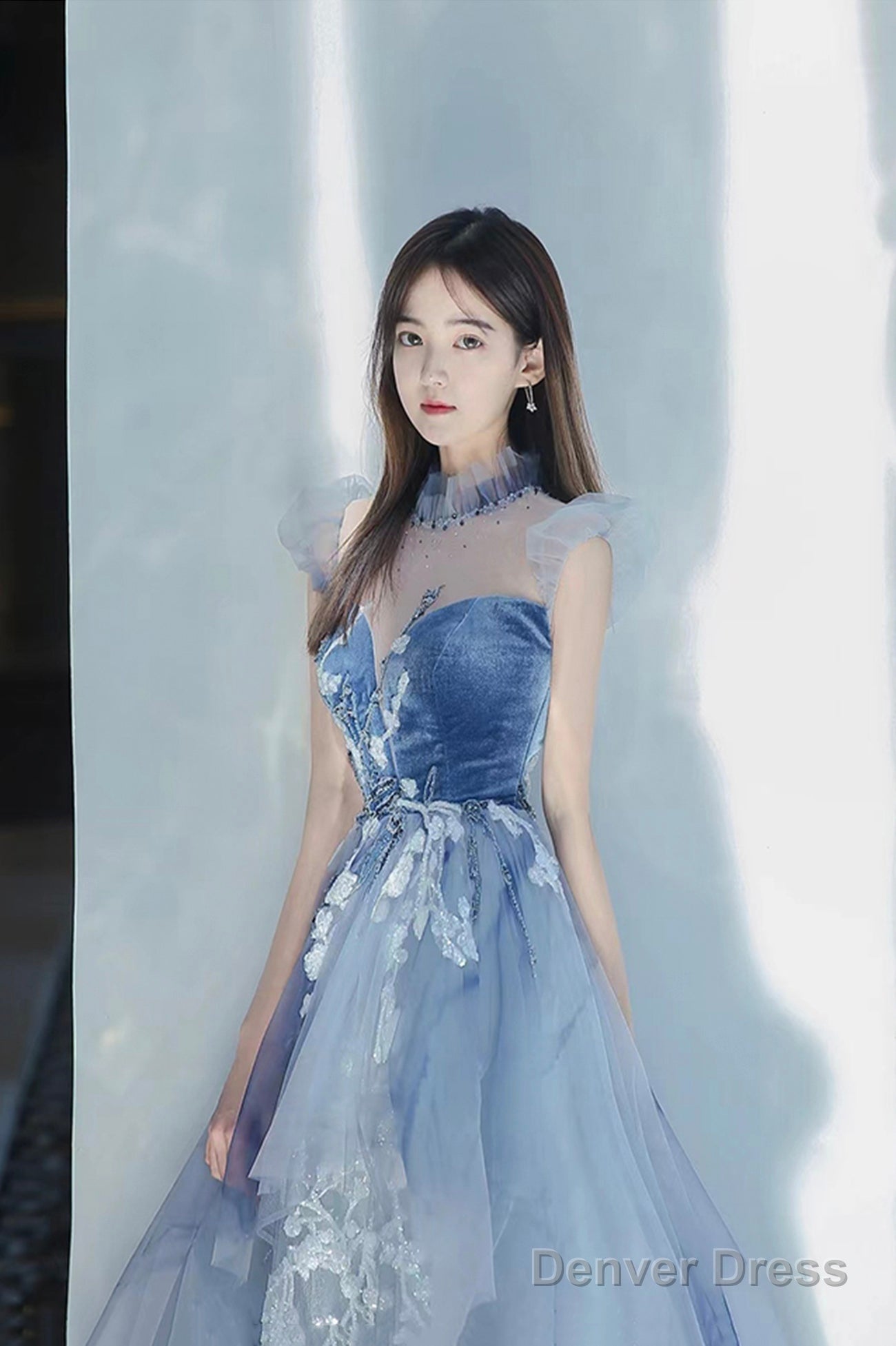 Blue Tulle Long A-Line Prom Dress With Lace, Lovely Evening Party Dress