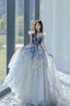 Blue Tulle Long A-Line Prom Dress With Lace, Lovely Evening Party Dress