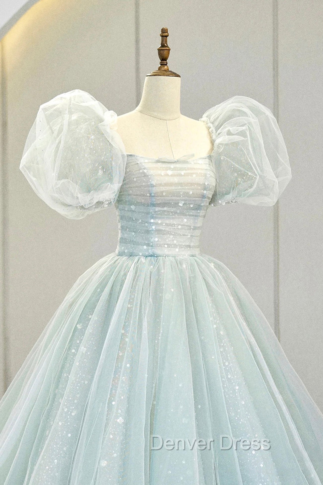 Blue Tulle Long A Line Prom Dresses with Sequins, Lovely Puff Sleeve Prom Gowns
