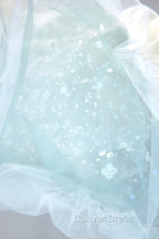 Blue Tulle Long A-Line Prom Dresses with Sequins, Lovely Puff Sleeve Evening Gown