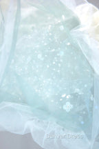 Blue Tulle Long A Line Prom Dresses with Sequins, Lovely Puff Sleeve Prom Gowns