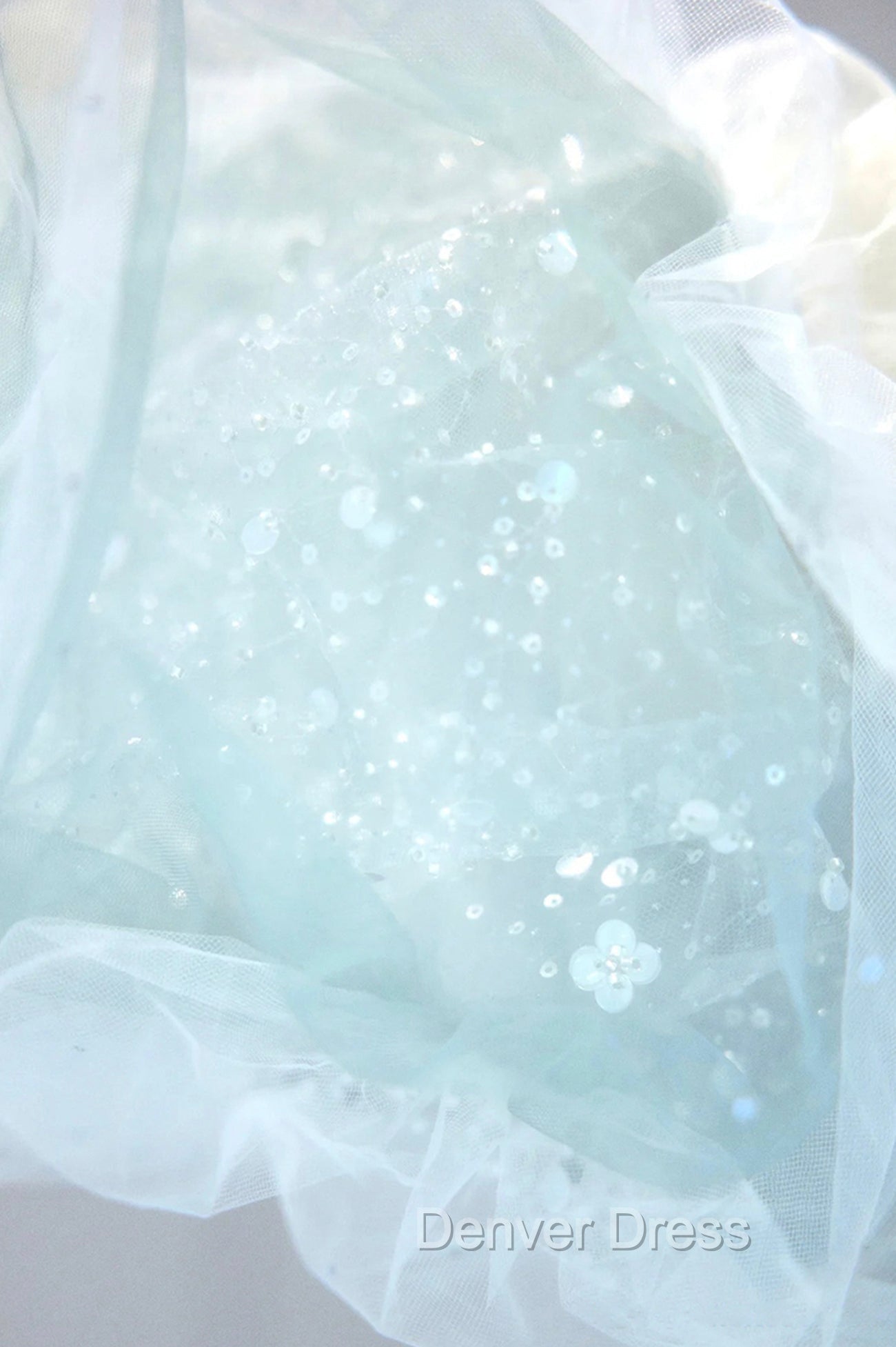 Blue Tulle Long A Line Prom Dresses with Sequins, Lovely Puff Sleeve Prom Gowns