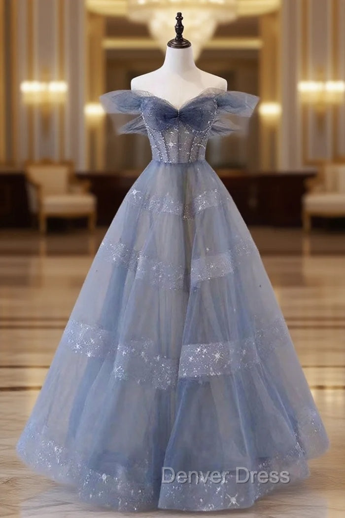 Blue Tulle Long A Line Prom Dresses