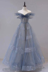 Blue Tulle Long A-Line Prom Dress