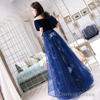 Blue Tulle Long Beaded  Party Dress, Blue Velvet Top Prom Dress Evening Gown
