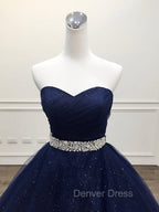 Blue Tulle Long Evening Gown Party Dresses, Navy Blue Sweet 16 Gown