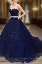 Blue Tulle Long Prom Gowns Prom Dresses, Navy Blue Sweet 16 Gowns