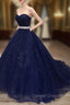 Blue Tulle Long Prom Gowns Prom Dresses, Navy Blue Sweet 16 Gowns