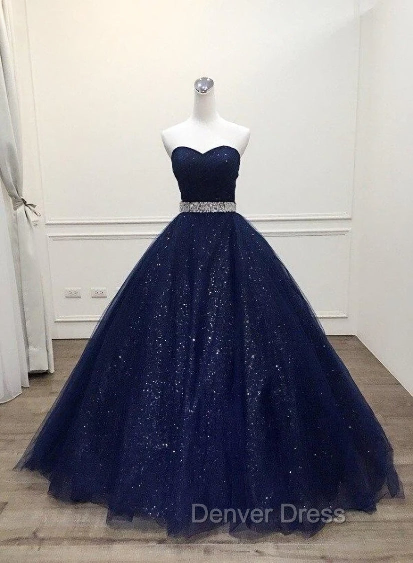 Blue Tulle Long Evening Gown Party Dresses, Navy Blue Sweet 16 Gown Main image