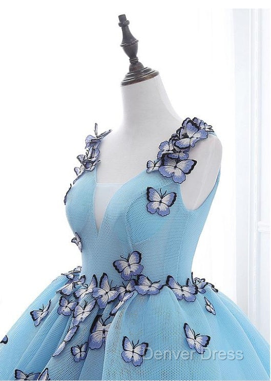 Blue Tulle Long Prom Dress With Butterfly, Gorgeous Sweet 16 Dresses