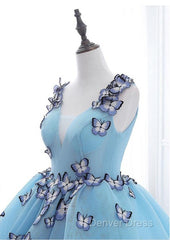 Blue Tulle Long Party Dresses With Butterfly, Gorgeous Sweet 16 Dresses